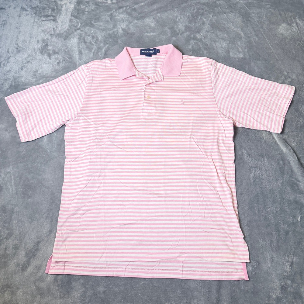 Vintage Polo Golf Ralph Lauren Mens L Pink Striped Polo Shirt Single Stitch